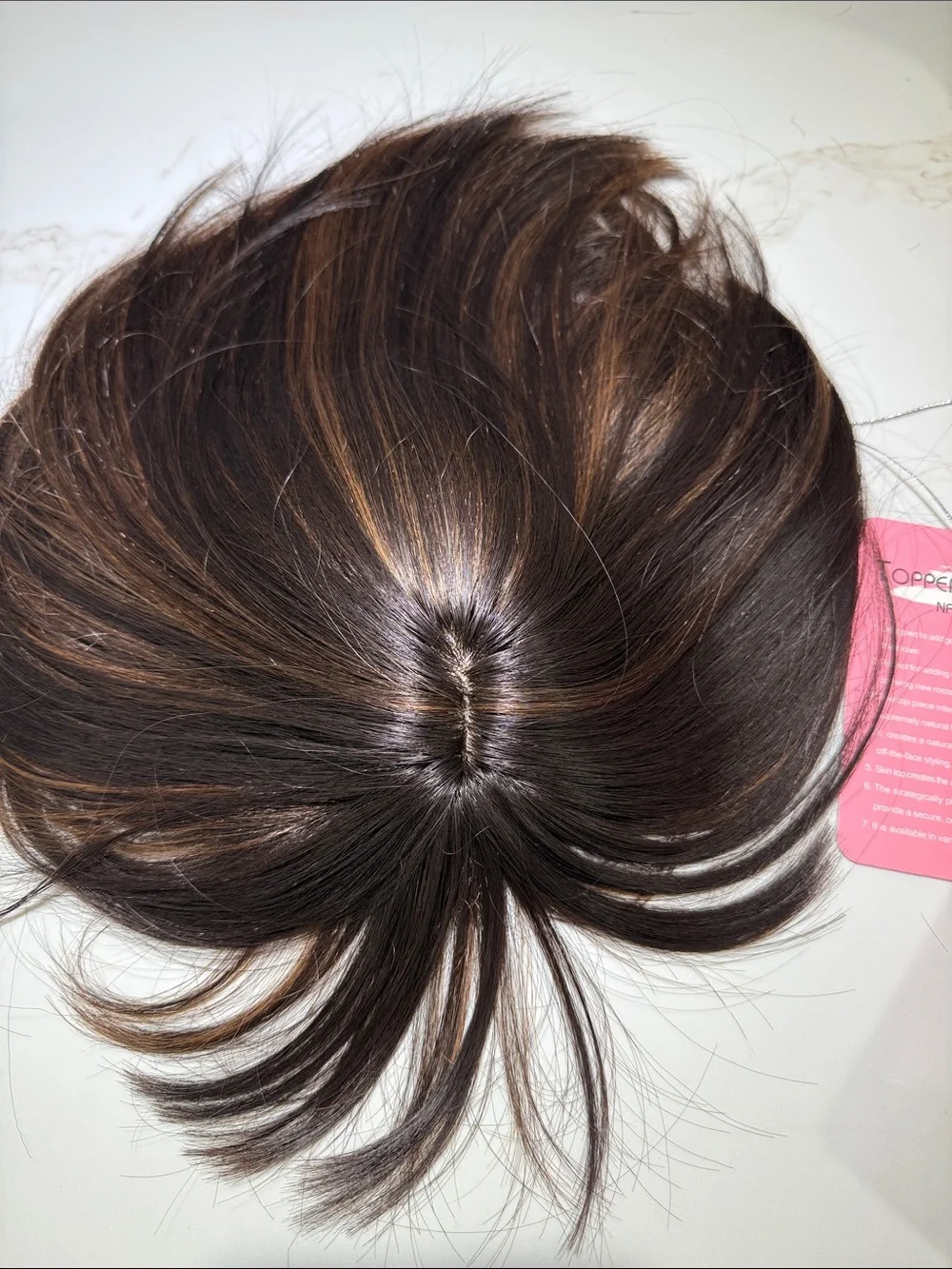 HAIR, 10” Topper, Straight, Off Center Part, with Bangs, Brown